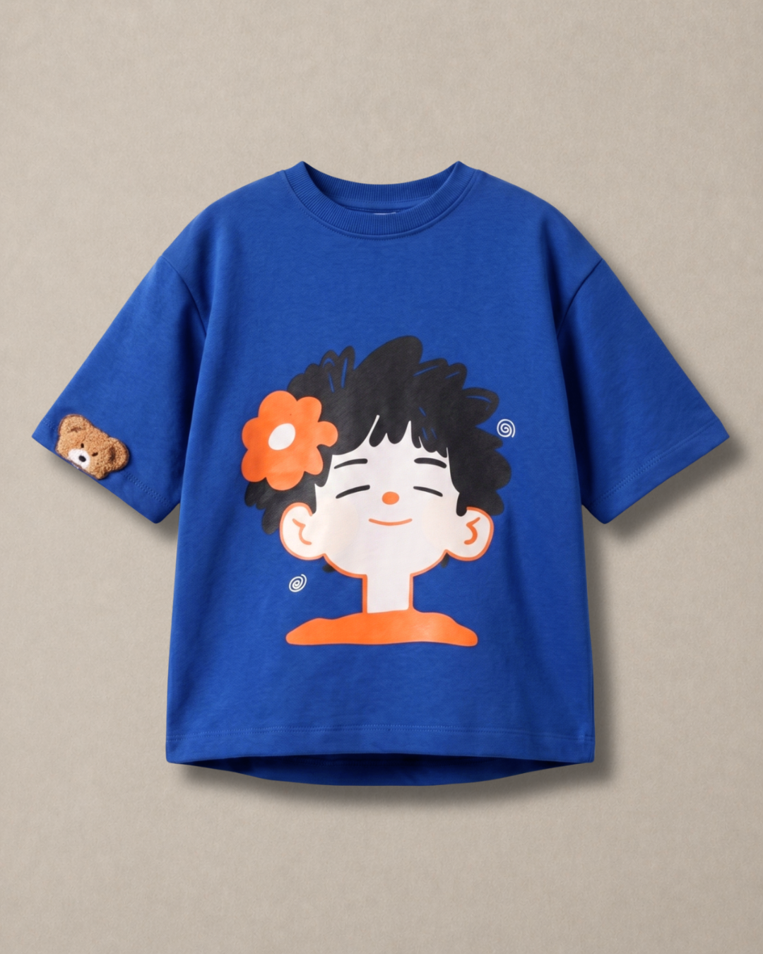 Oversized Happy Face Graphic Print Kids Tshirt in Blue