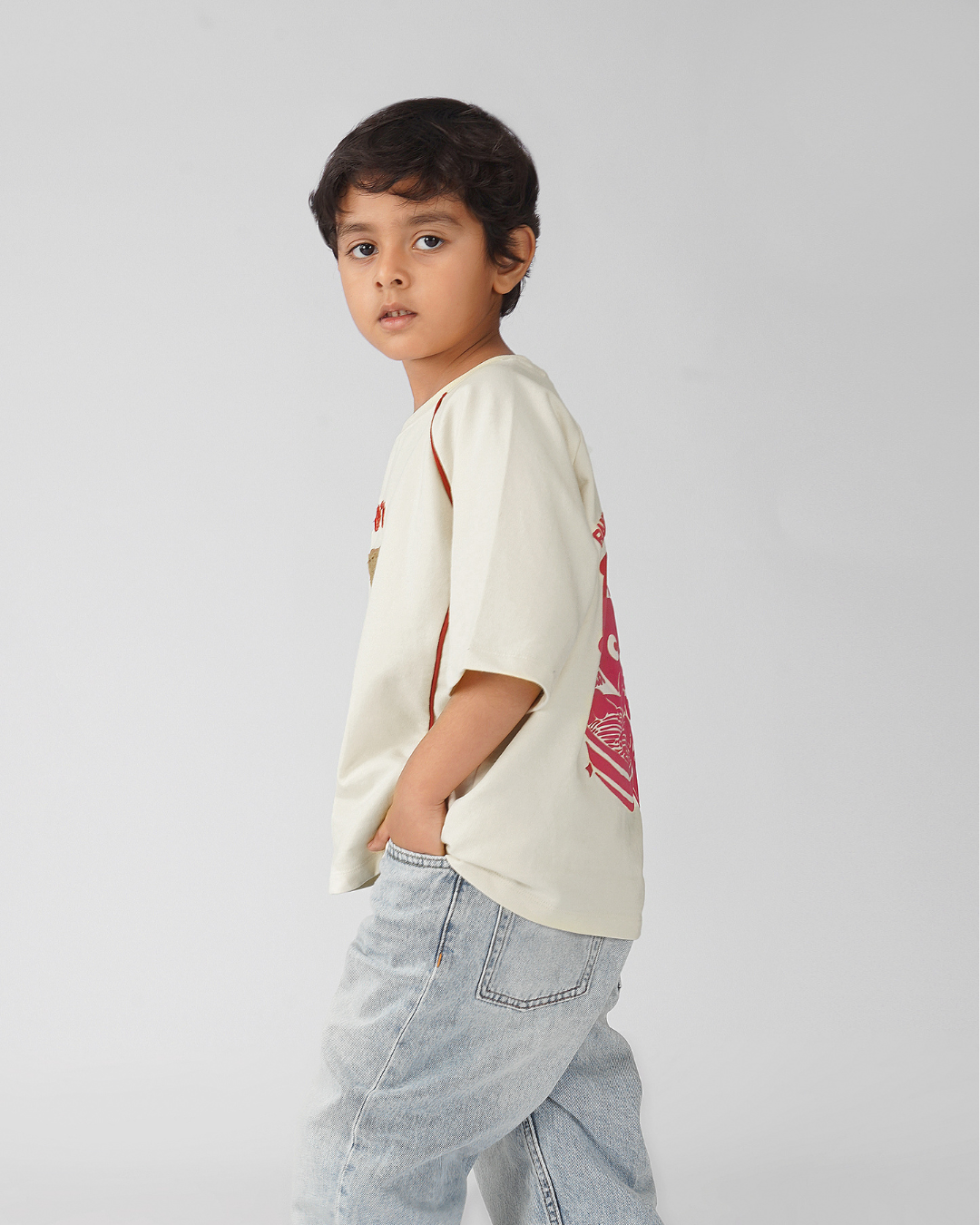 Oversized Raglan Sleevles Ramen Puff Print Kids T-Shirt in Off-White