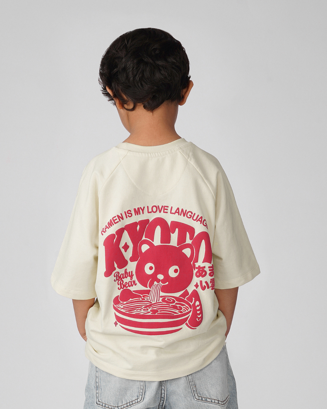 Oversized Raglan Sleevles Ramen Puff Print Kids T-Shirt in Off-White