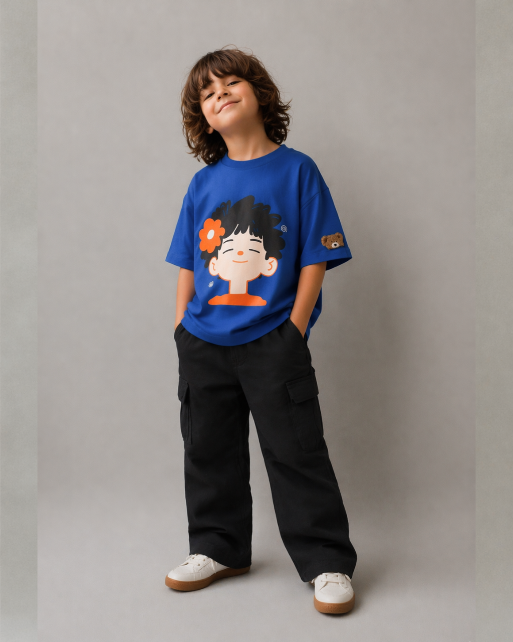 Oversized Happy Face Graphic Print Kids Tshirt in Blue