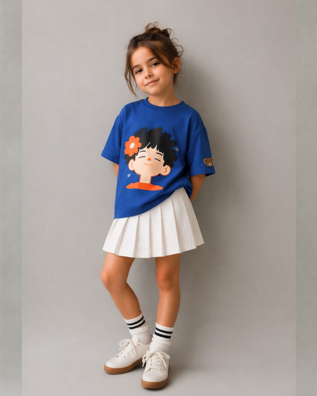 Oversized Happy Face Graphic Print Kids Tshirt in Blue