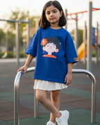 Oversized Happy Face Graphic Print Kids Tshirt in Blue