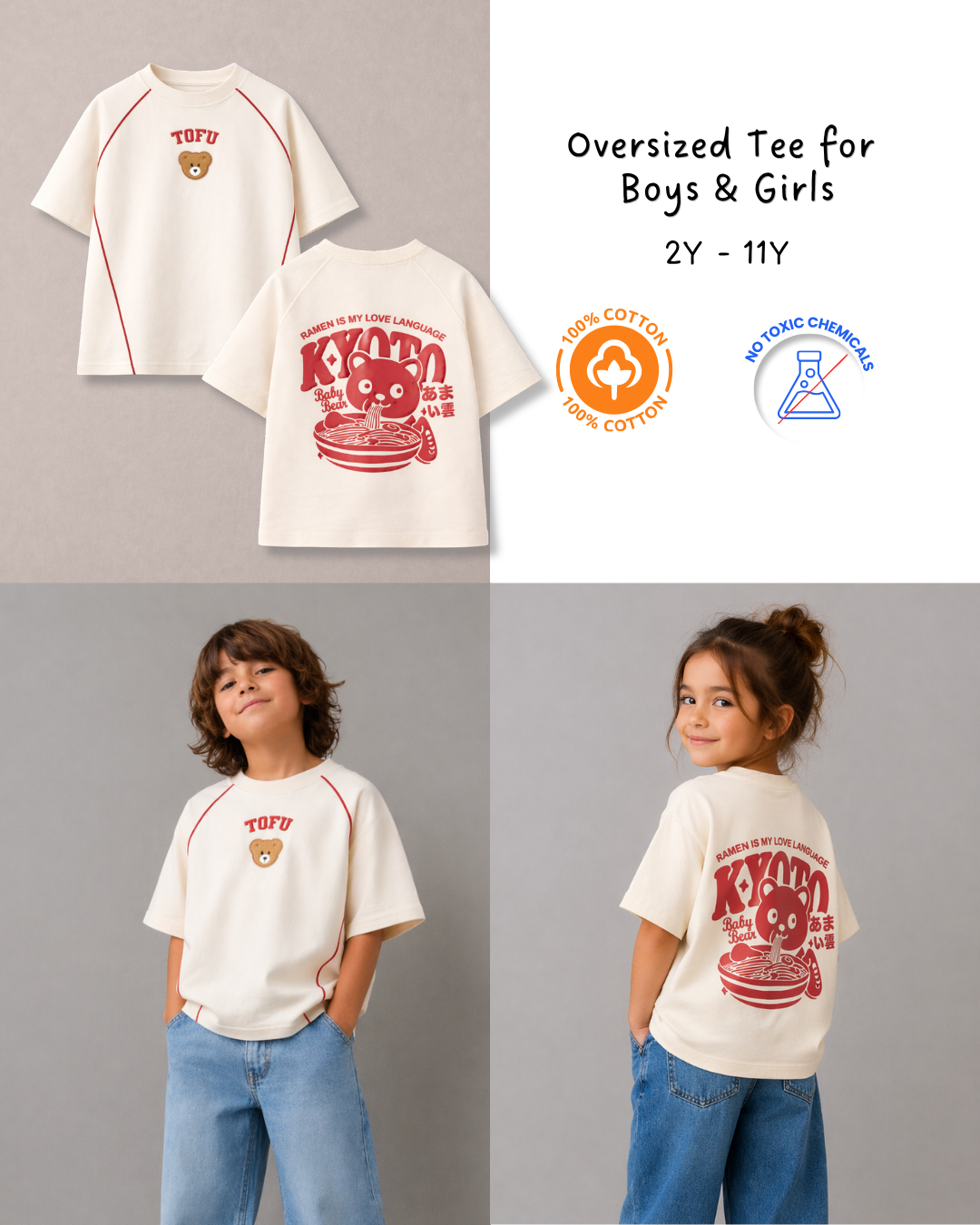Oversized Raglan Sleevles Ramen Puff Print Kids T-Shirt in Off-White