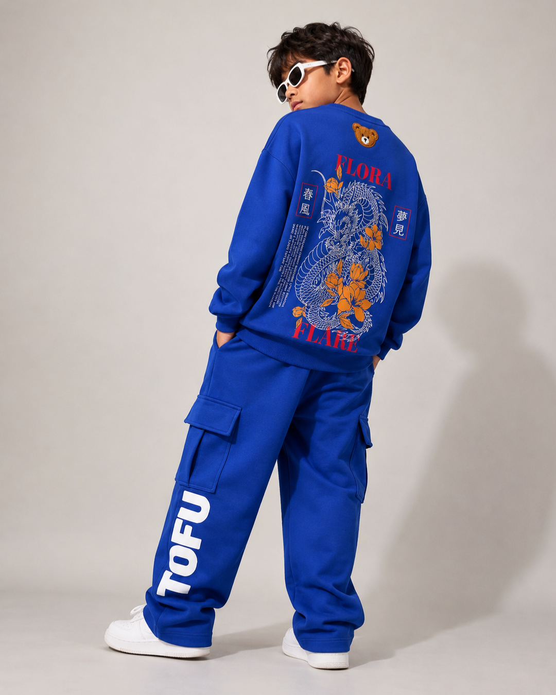 Set of Oversized Back Print Sweatshirt and Cargo Pants for Kids in Blue