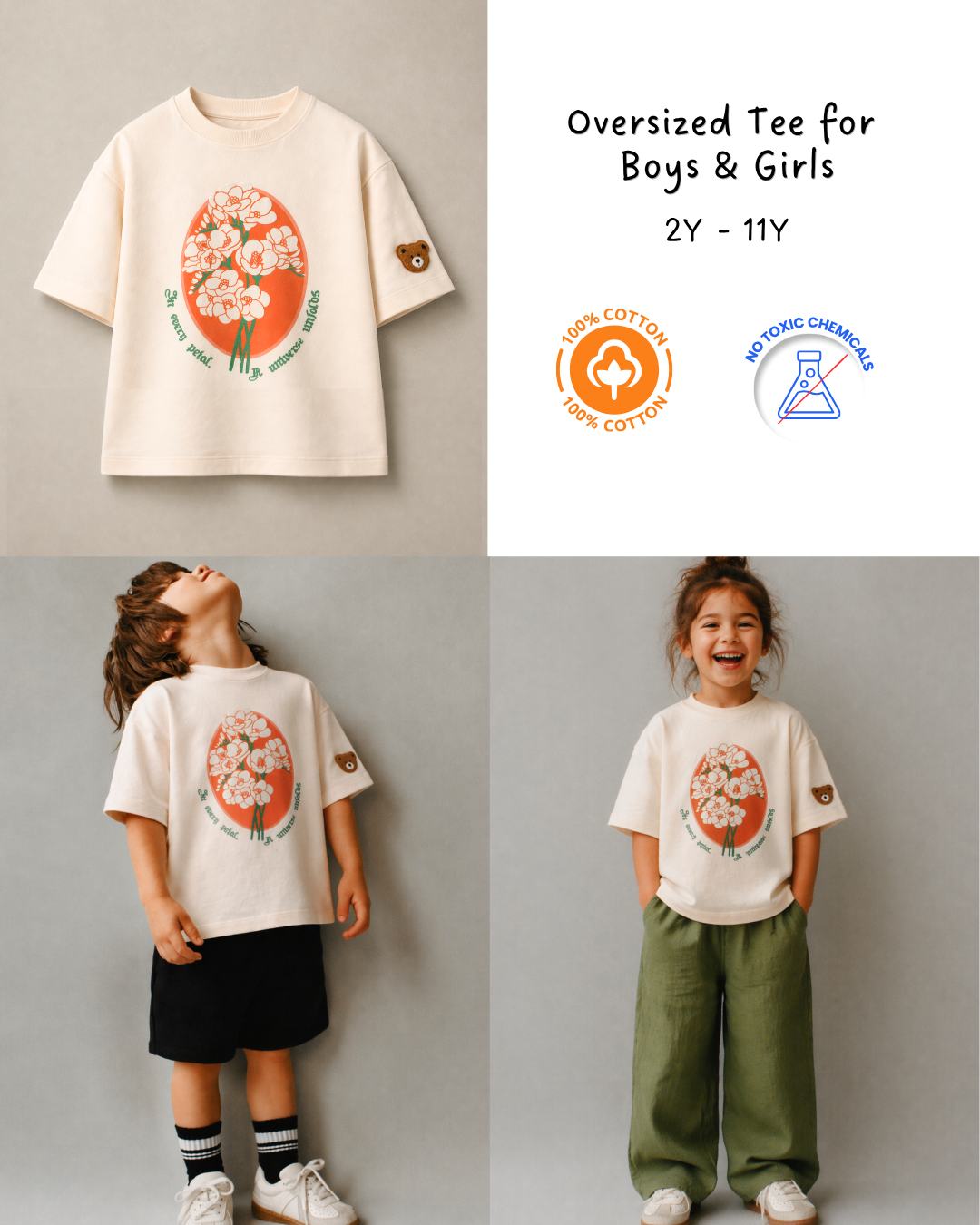 Oversized Graphic Print and Embroidered Kids T-Shirt in Off-White