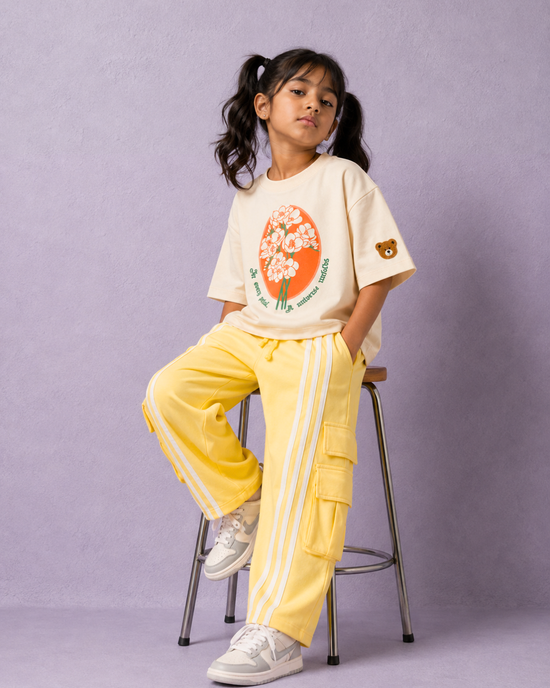 Set of Off White Floral T-shirt and Yellow Cargo Pants