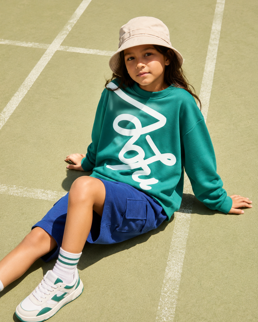Set of Green Puff Print Full Sleeve T-shirt and Blue Cargo Shorts