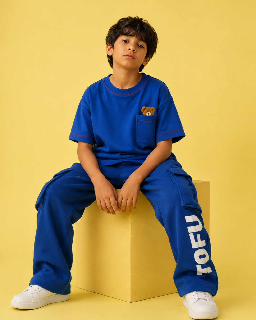 Set of Blue Peeking Teddy T-shirt and Blue Cargo Pants