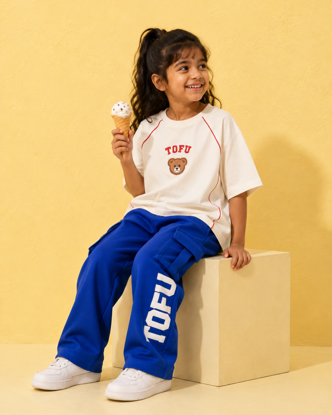 Set of Off White Back Puff Print T-shirt and Blue Cargo Pants