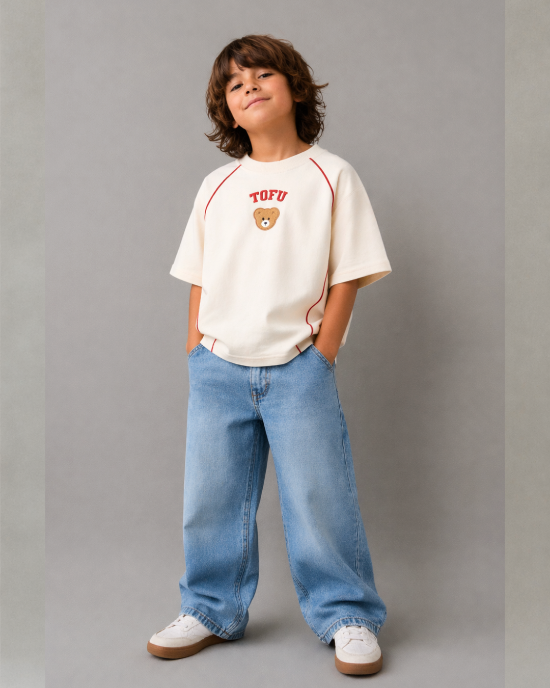 Oversized Raglan Sleevles Ramen Puff Print Kids T-Shirt in Off-White