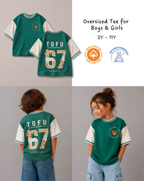 Oversized 67 Back Print Kids T-Shirt in Off-White and Green