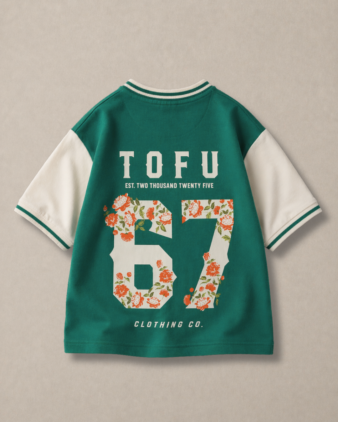 Oversized 67 Back Print Kids T-Shirt in Off-White and Green