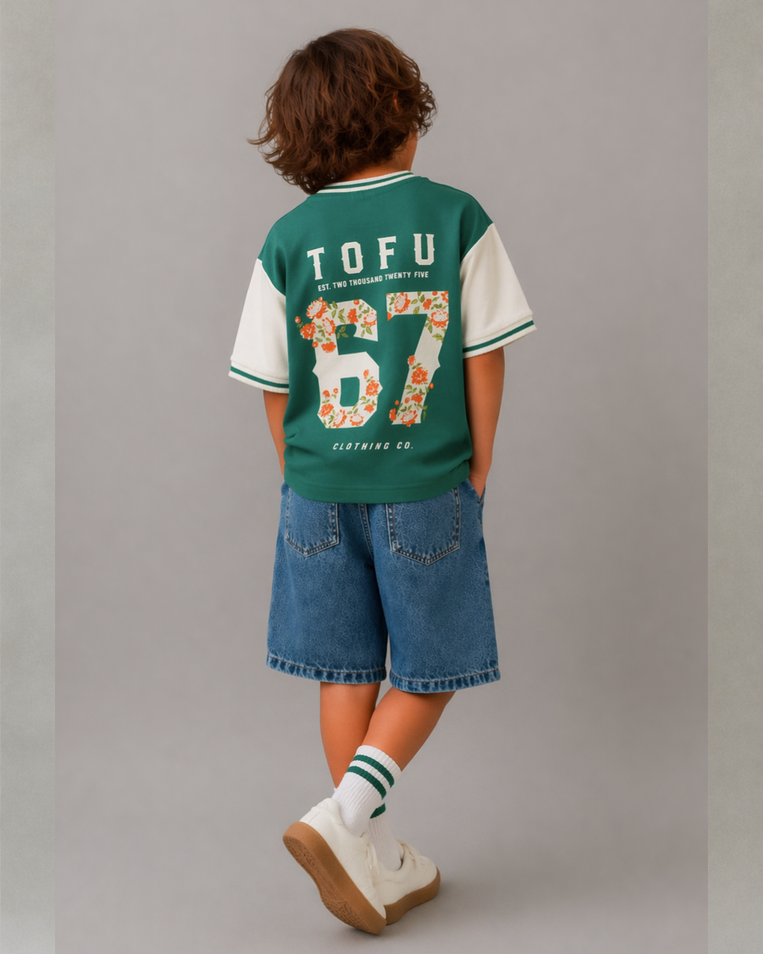 Oversized 67 Back Print Kids T-Shirt in Off-White and Green
