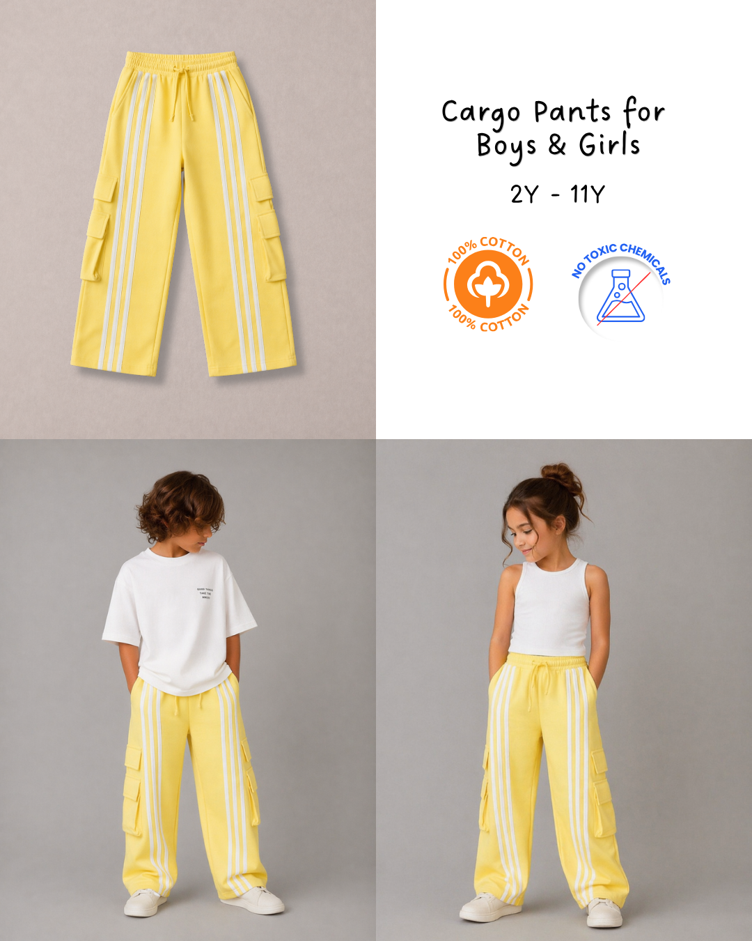 Utility Streetwear Cargo Pants for Kids in Yellow