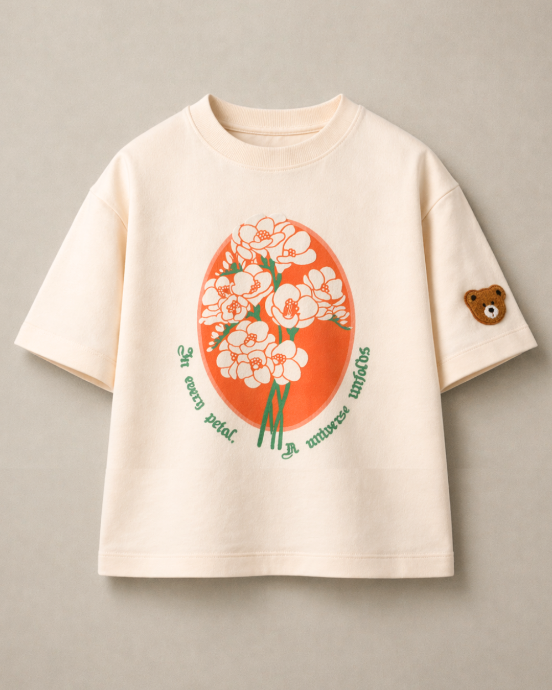Oversized Graphic Print and Embroidered Kids T-Shirt in Off-White