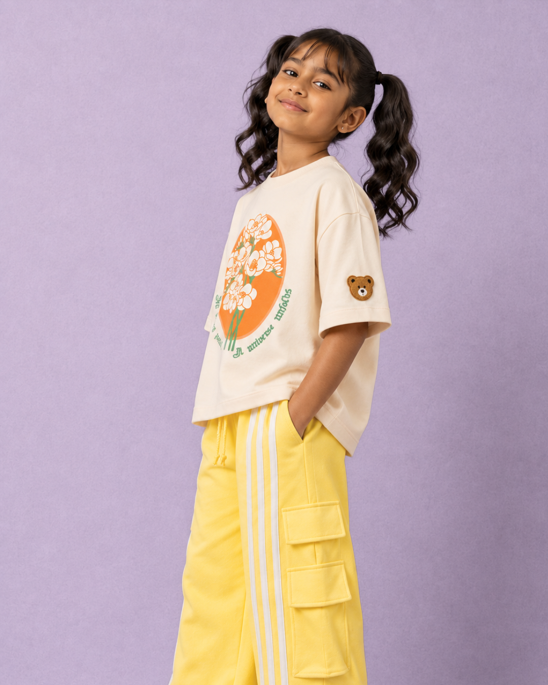 Set of Off White Floral T-shirt and Yellow Cargo Pants