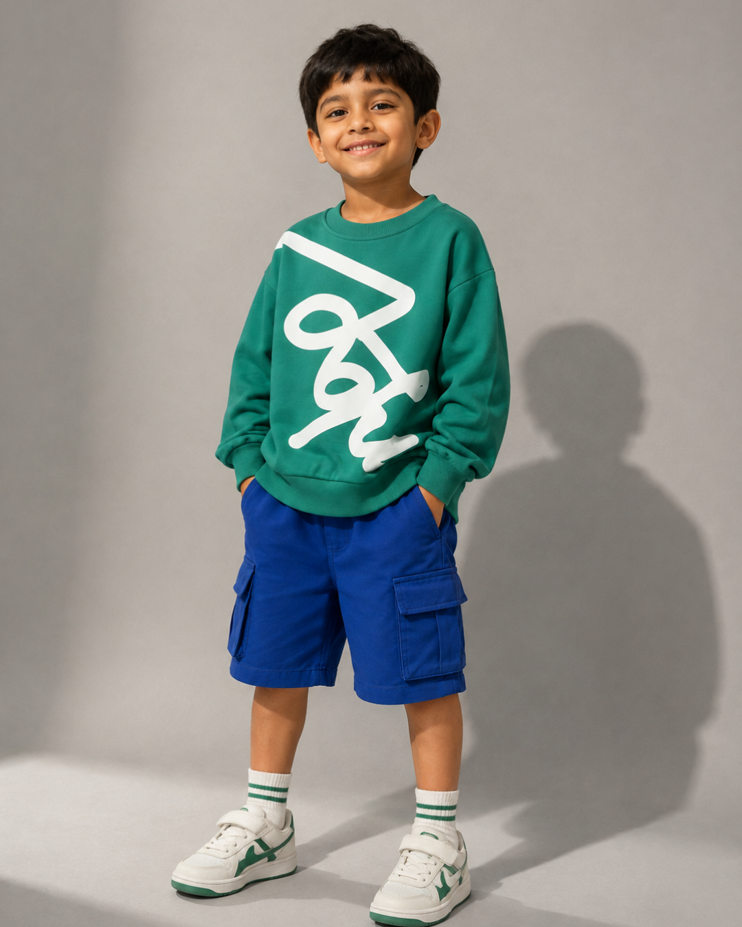 Set of Green Puff Print Full Sleeve T-shirt and Blue Cargo Shorts