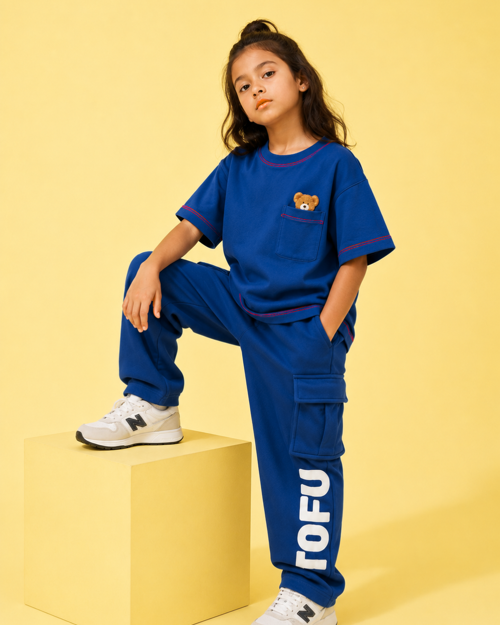 Set of Blue Peeking Teddy T-shirt and Blue Cargo Pants