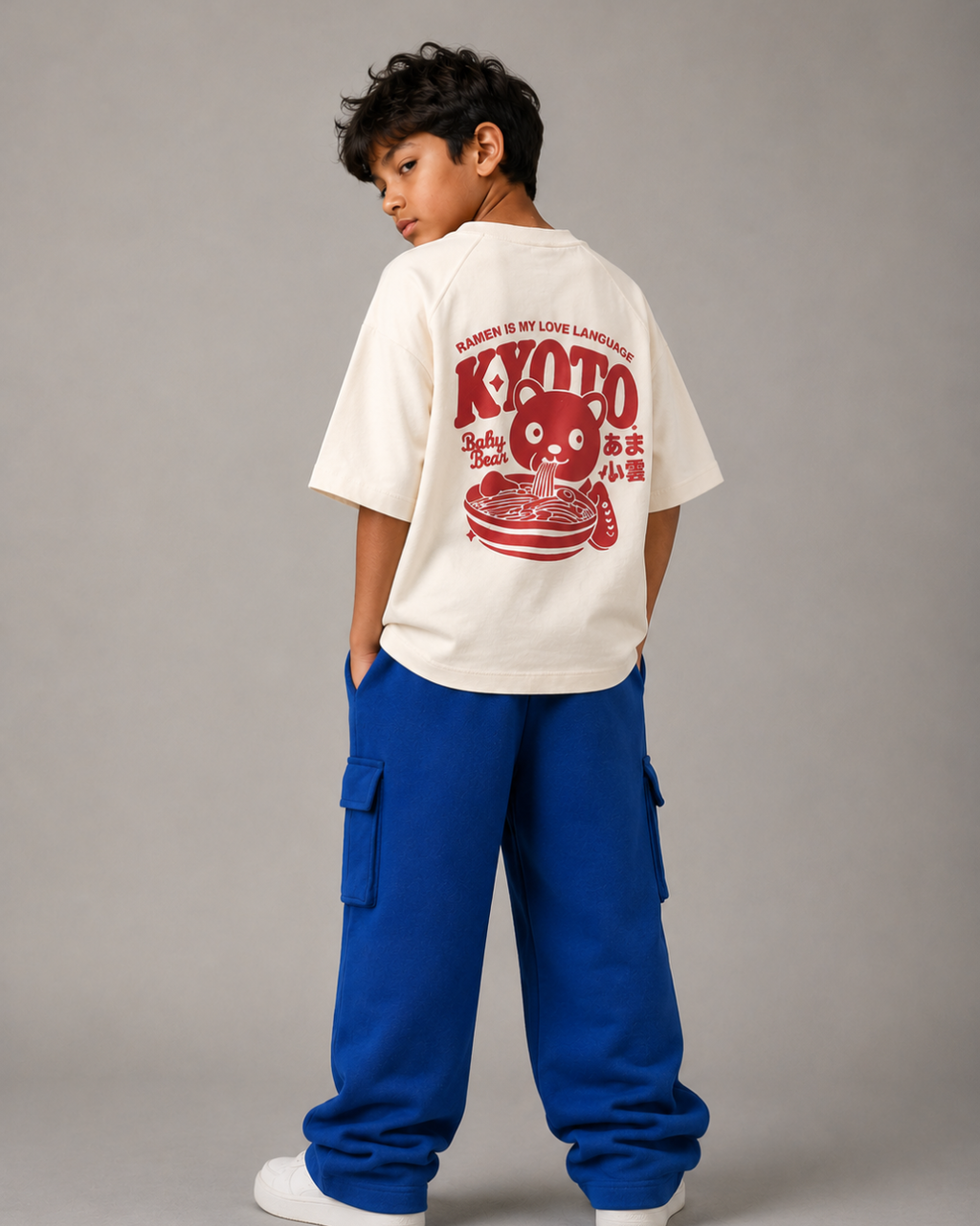 Set of Off White Back Puff Print T-shirt and Blue Cargo Pants