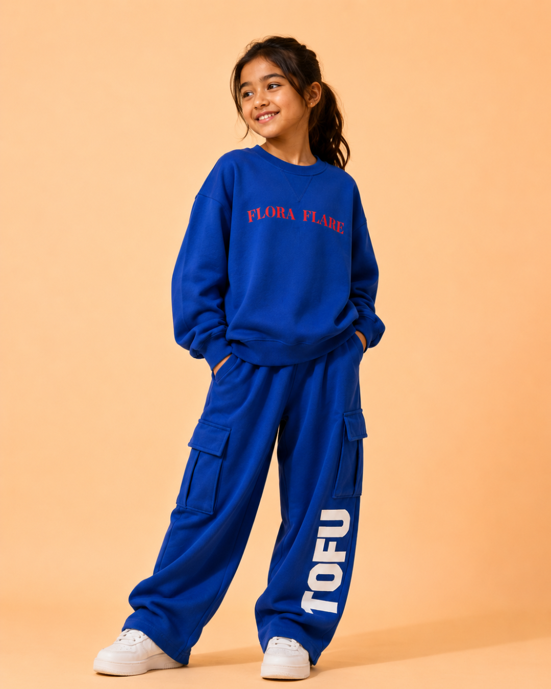 Set of Oversized Back Print Sweatshirt and Cargo Pants for Kids in Blue