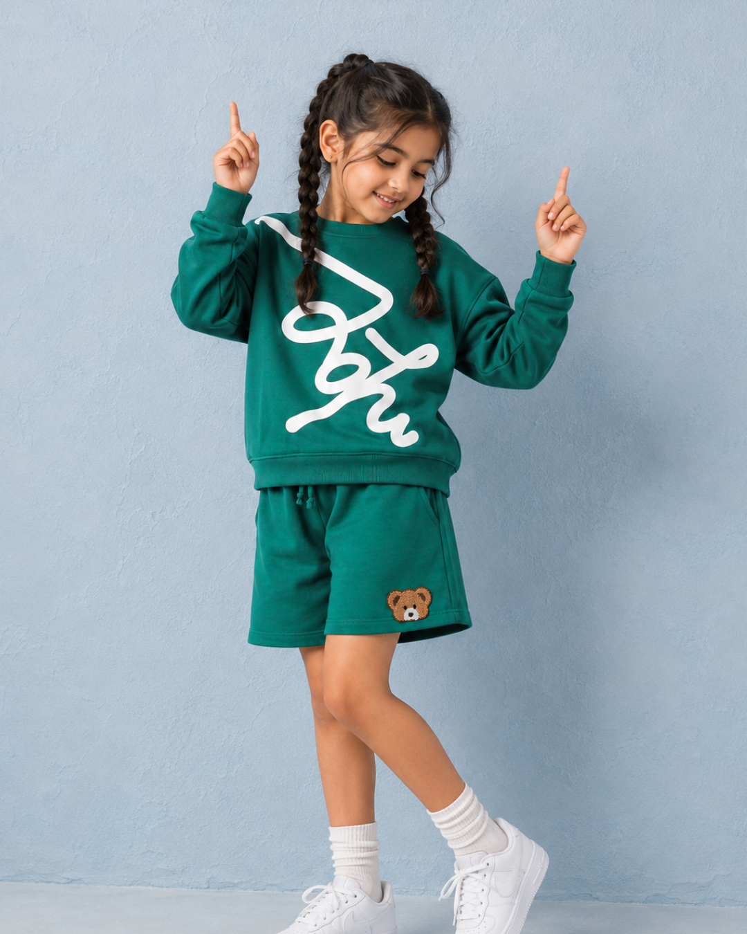 Set of Green Puff Print Full Sleeve T-shirt and Green Cargo Shorts