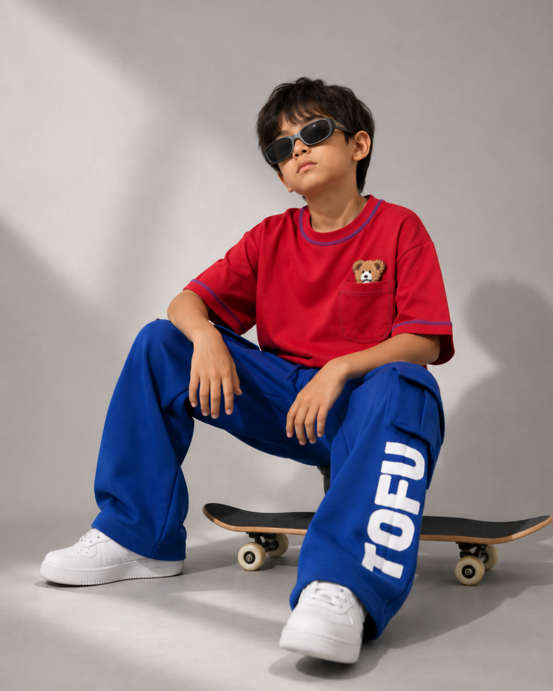 Set of Red Peeking Teddy T-shirt and Blue Cargo Pants