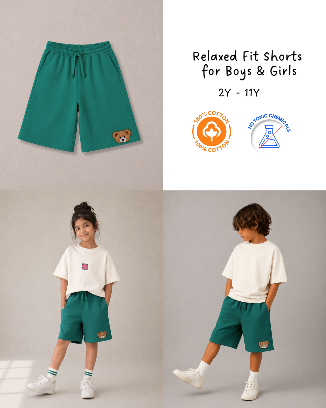 Knee Length Kids Relaxed Fit Shorts in Green