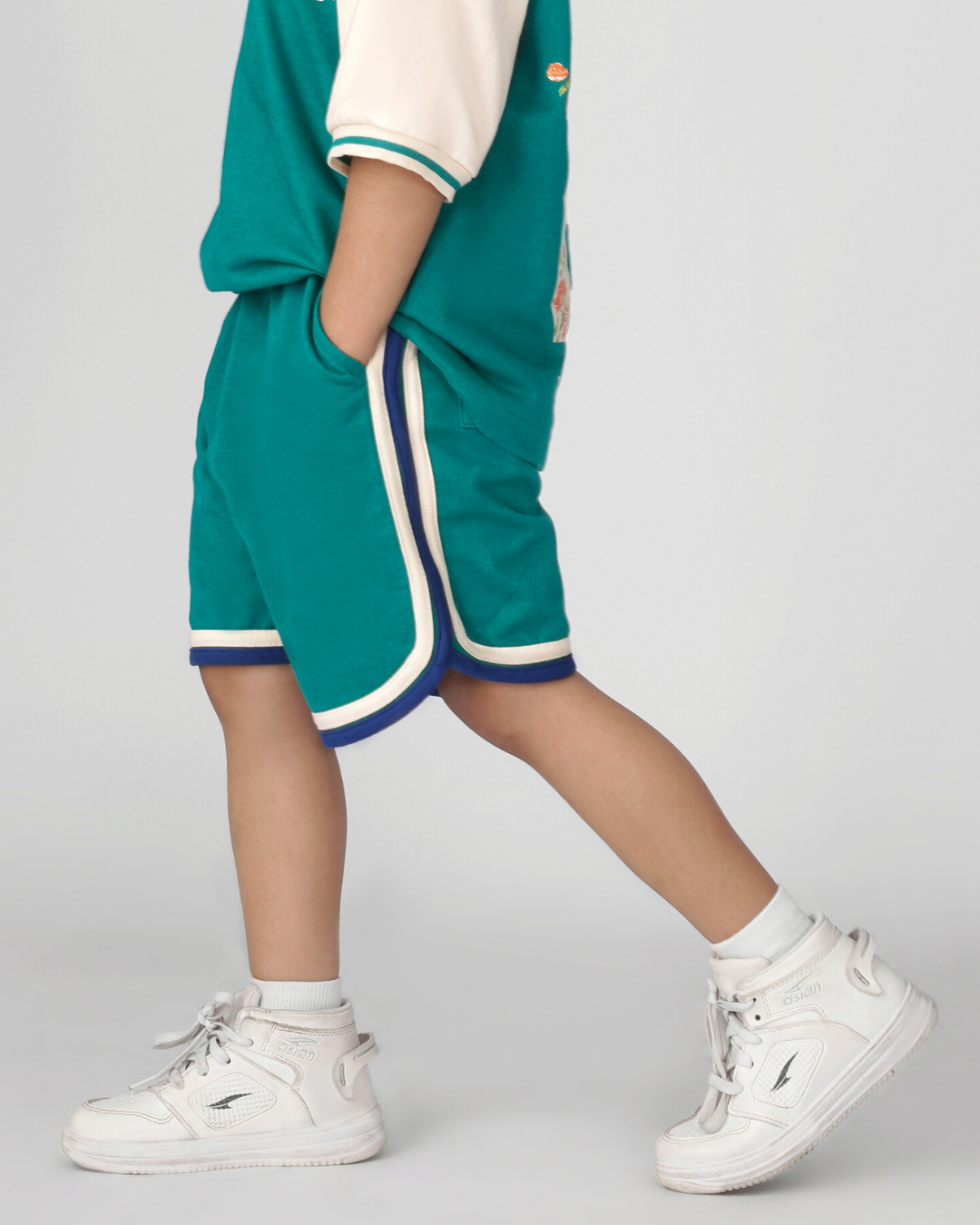 Retro Varsity Track Shorts for Kids in Green