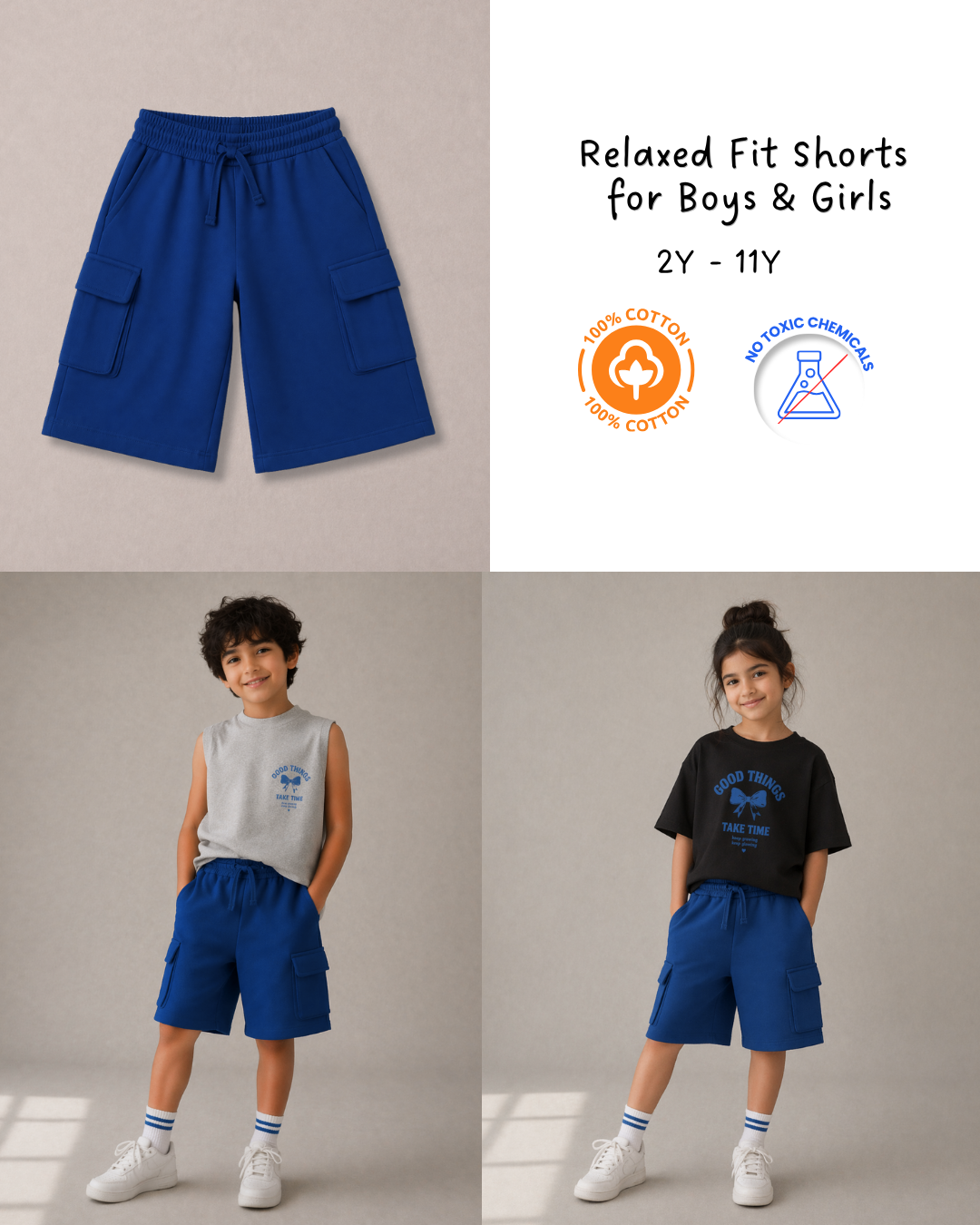 Knee Length Kids Cargo Shorts in Blue