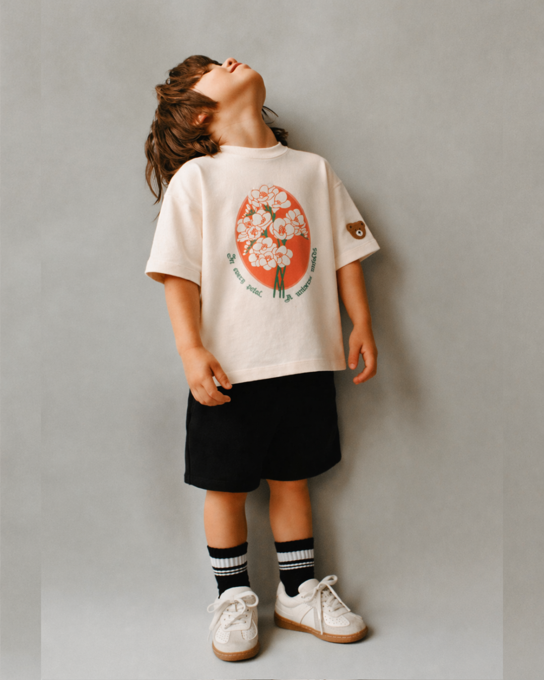 Oversized Graphic Print and Embroidered Kids T-Shirt in Off-White