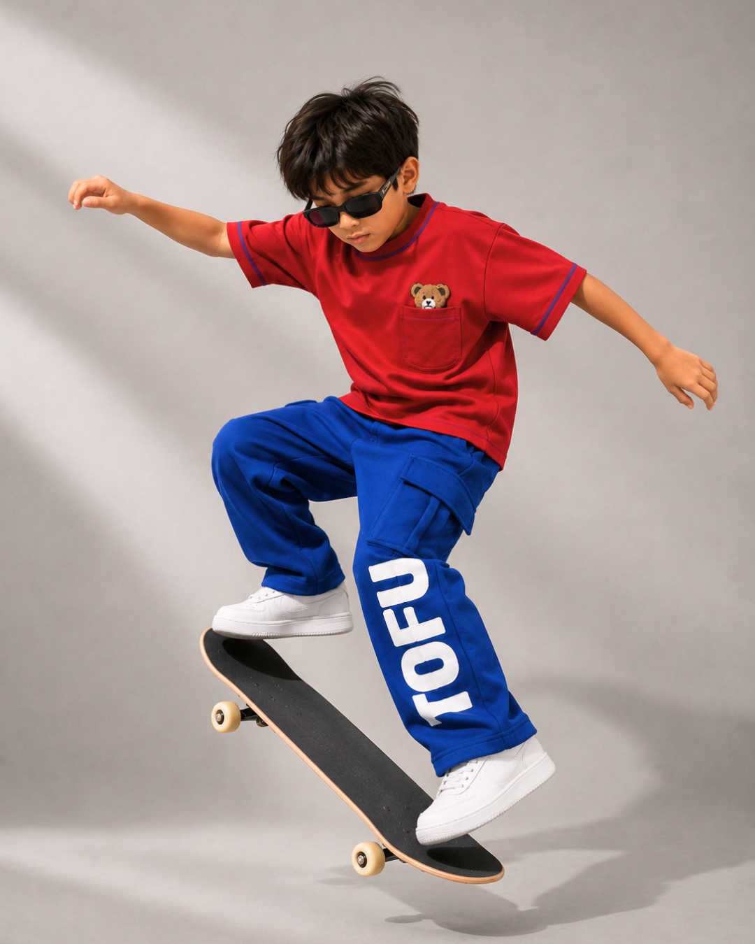 Set of Red Peeking Teddy T-shirt and Blue Cargo Pants