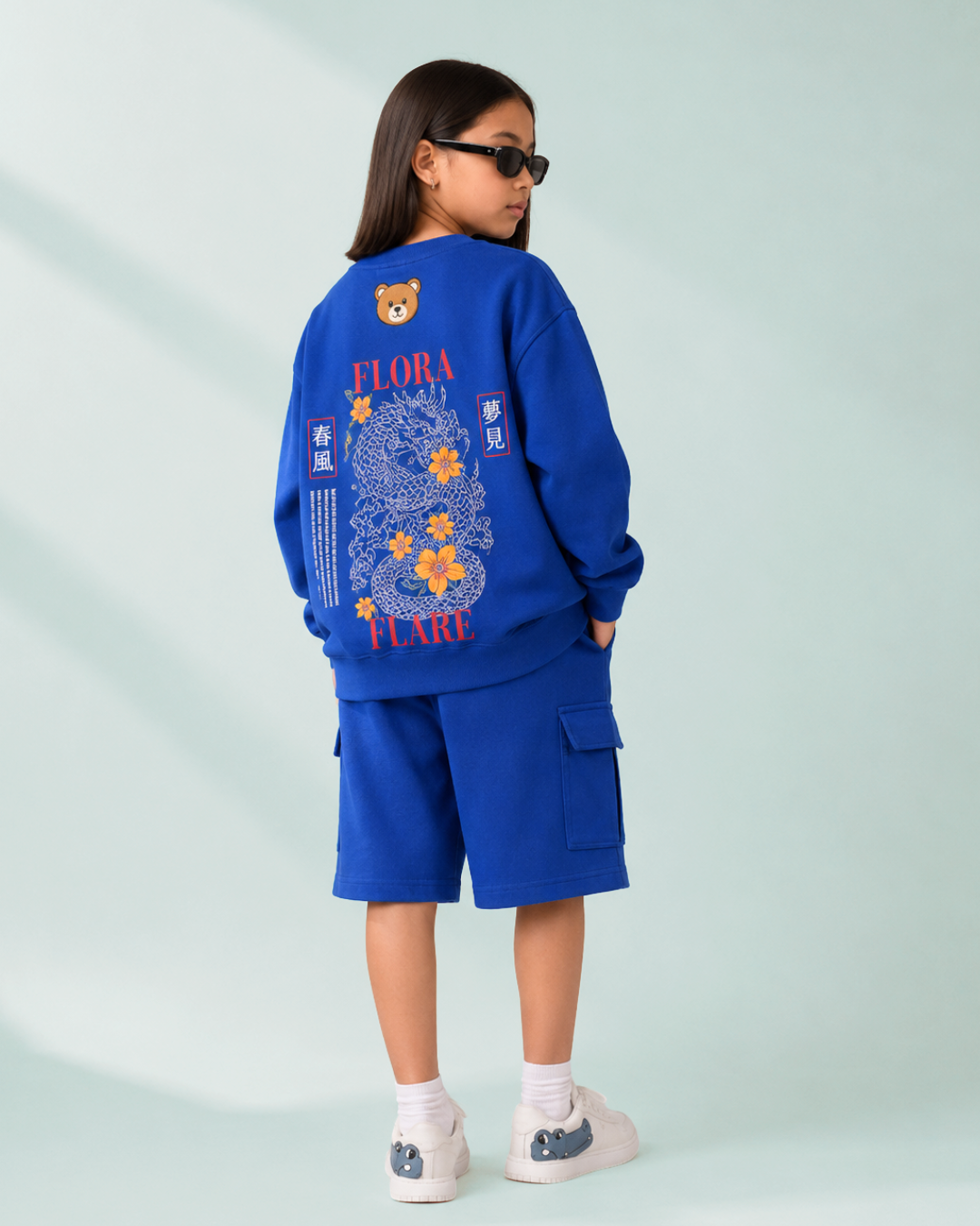 Set of Blue Back Print Full Sleeve T-shirt and Blue Cargo Shorts