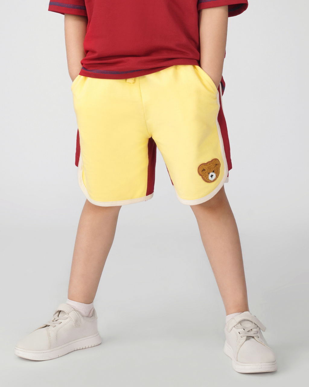 Set of Peeking Tofu Teddy Red T-Shirt and Yellow-Red Varsity Shorts