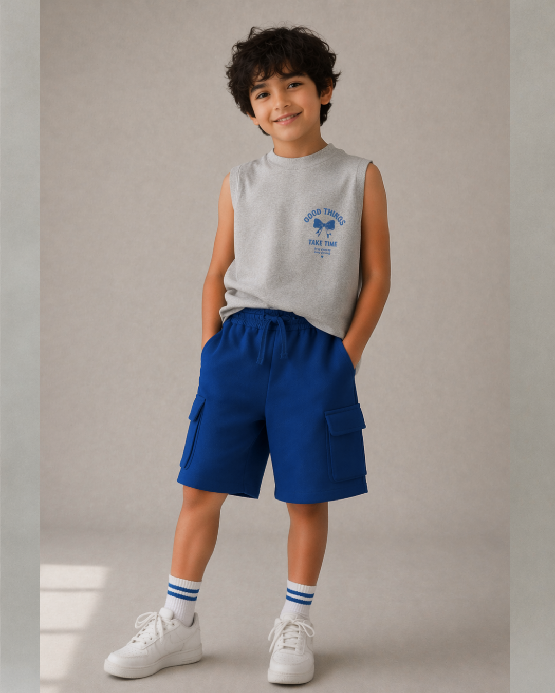 Knee Length Kids Cargo Shorts in Blue