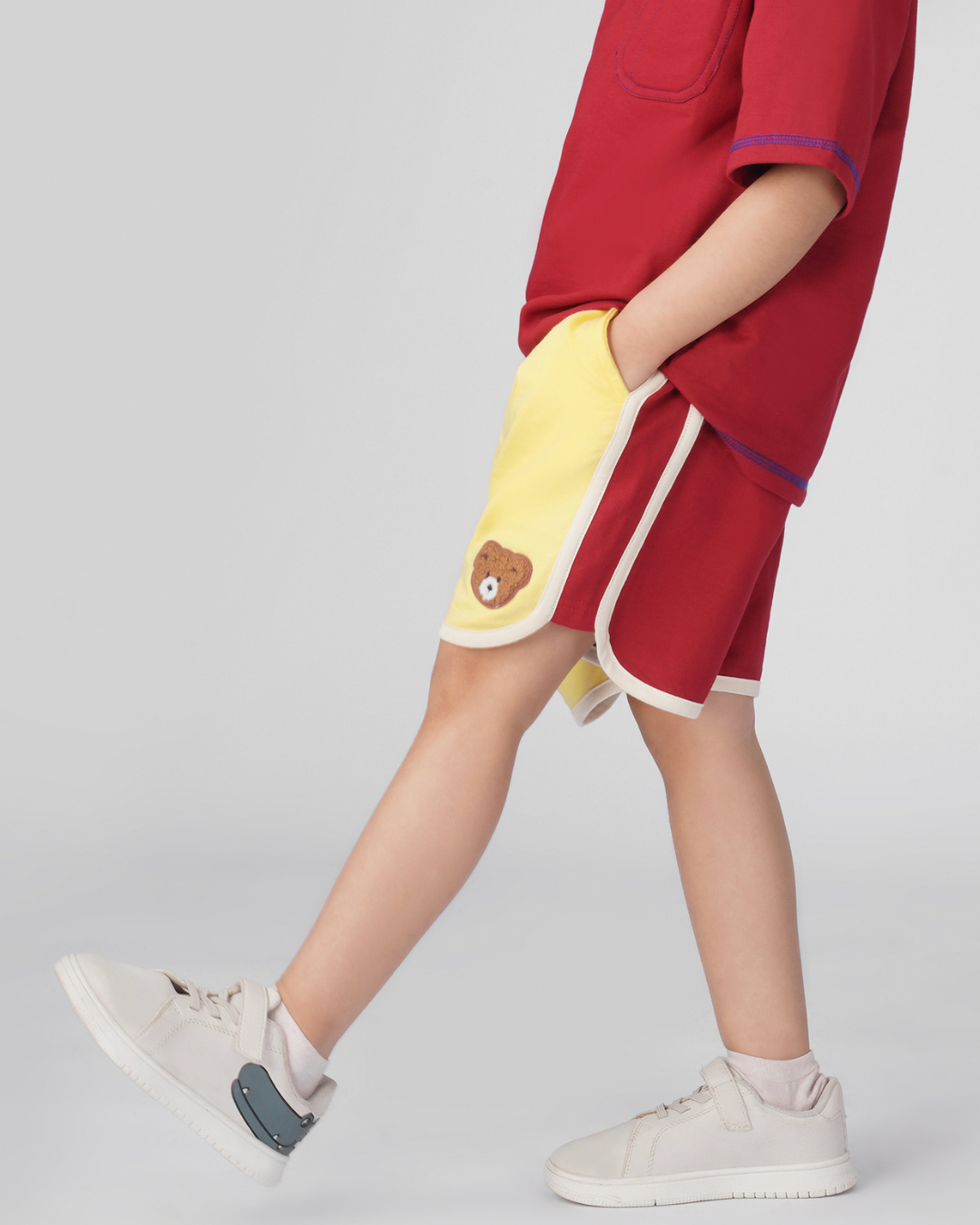 Retro Varsity Track Shorts for Kids in Yellow and Red