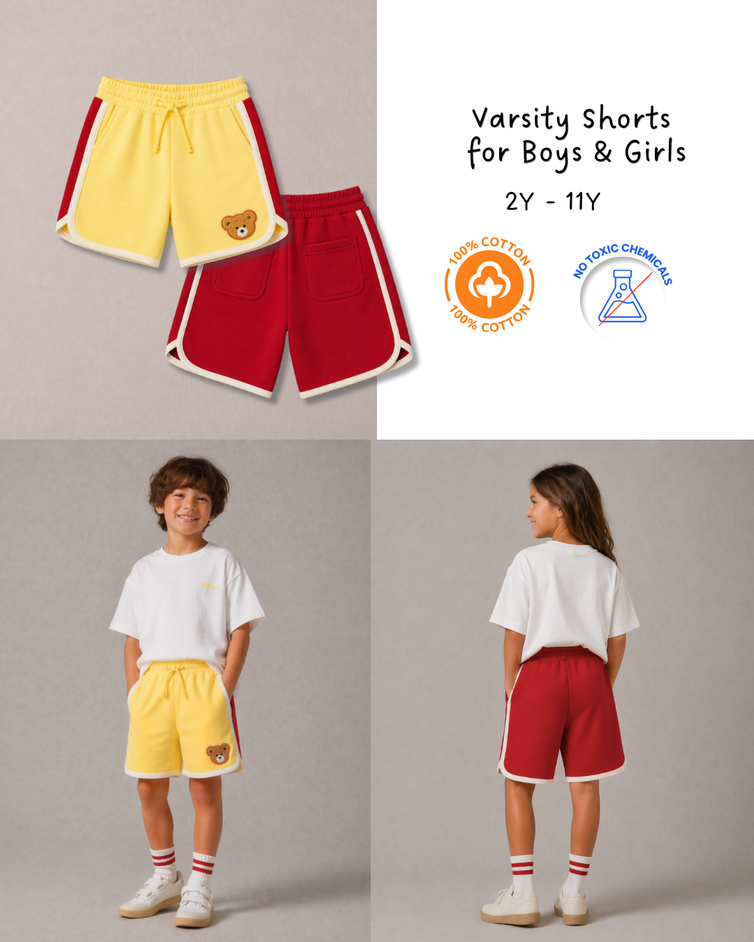 Retro Varsity Track Shorts for Kids in Yellow and Red