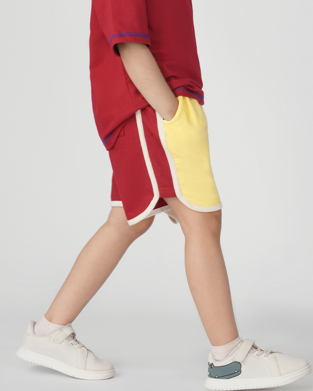 Retro Varsity Track Shorts for Kids in Yellow and Red