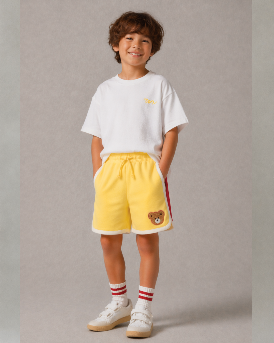 Retro Varsity Track Shorts for Kids in Yellow and Red