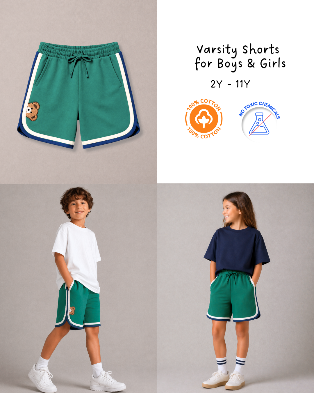Retro Varsity Track Shorts for Kids in Green