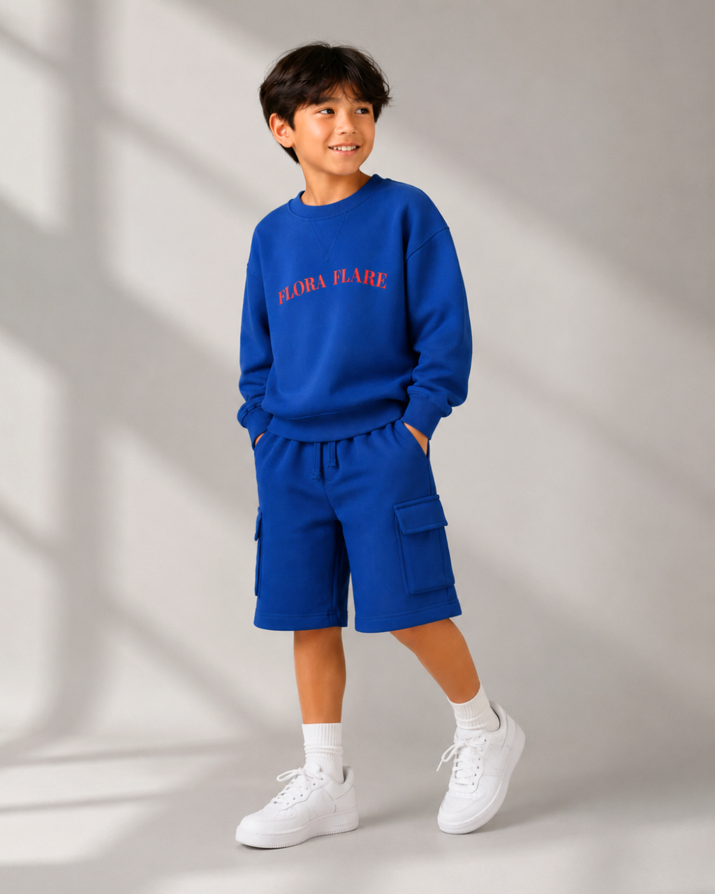 Set of Blue Back Print Full Sleeve T-shirt and Blue Cargo Shorts