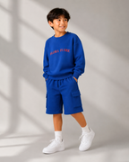 Set of Blue Back Print Full Sleeve T-shirt and Blue Cargo Shorts