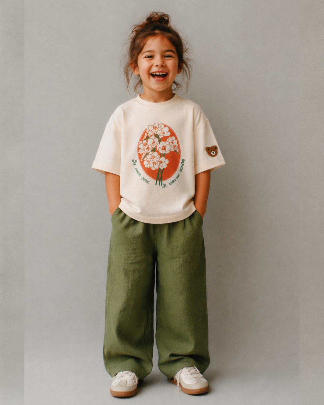 Oversized Graphic Print and Embroidered Kids T-Shirt in Off-White