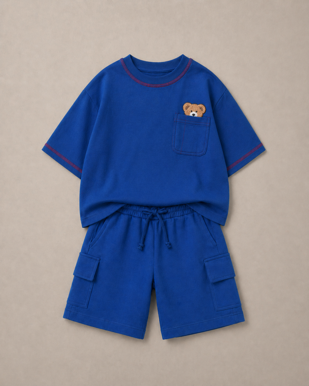 Set of Peeking Tofu Teddy Blue T-shirt and Blue Cargo Shorts