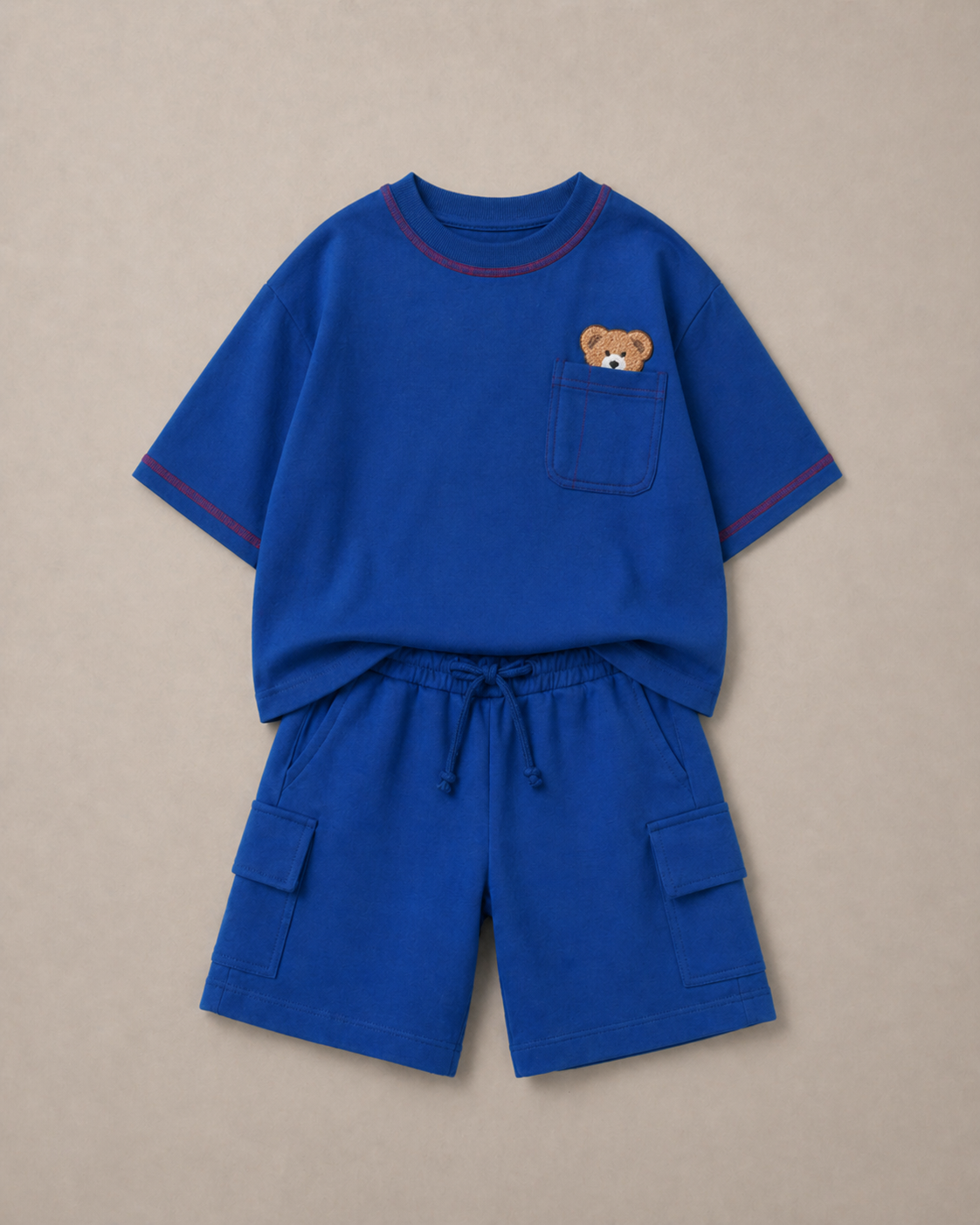 Set of Peeking Tofu Teddy Blue T-shirt and Blue Cargo Shorts