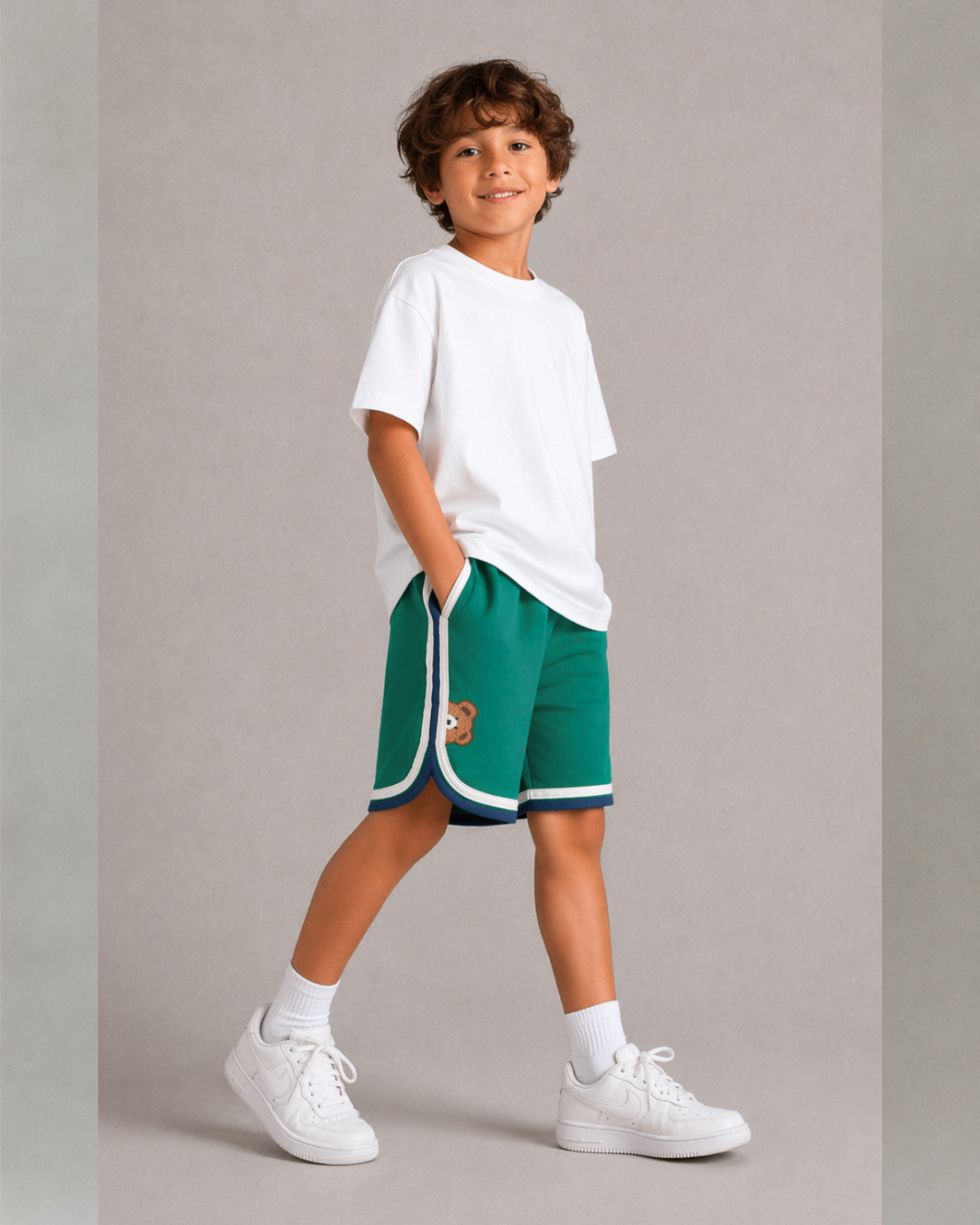 Retro Varsity Track Shorts for Kids in Green
