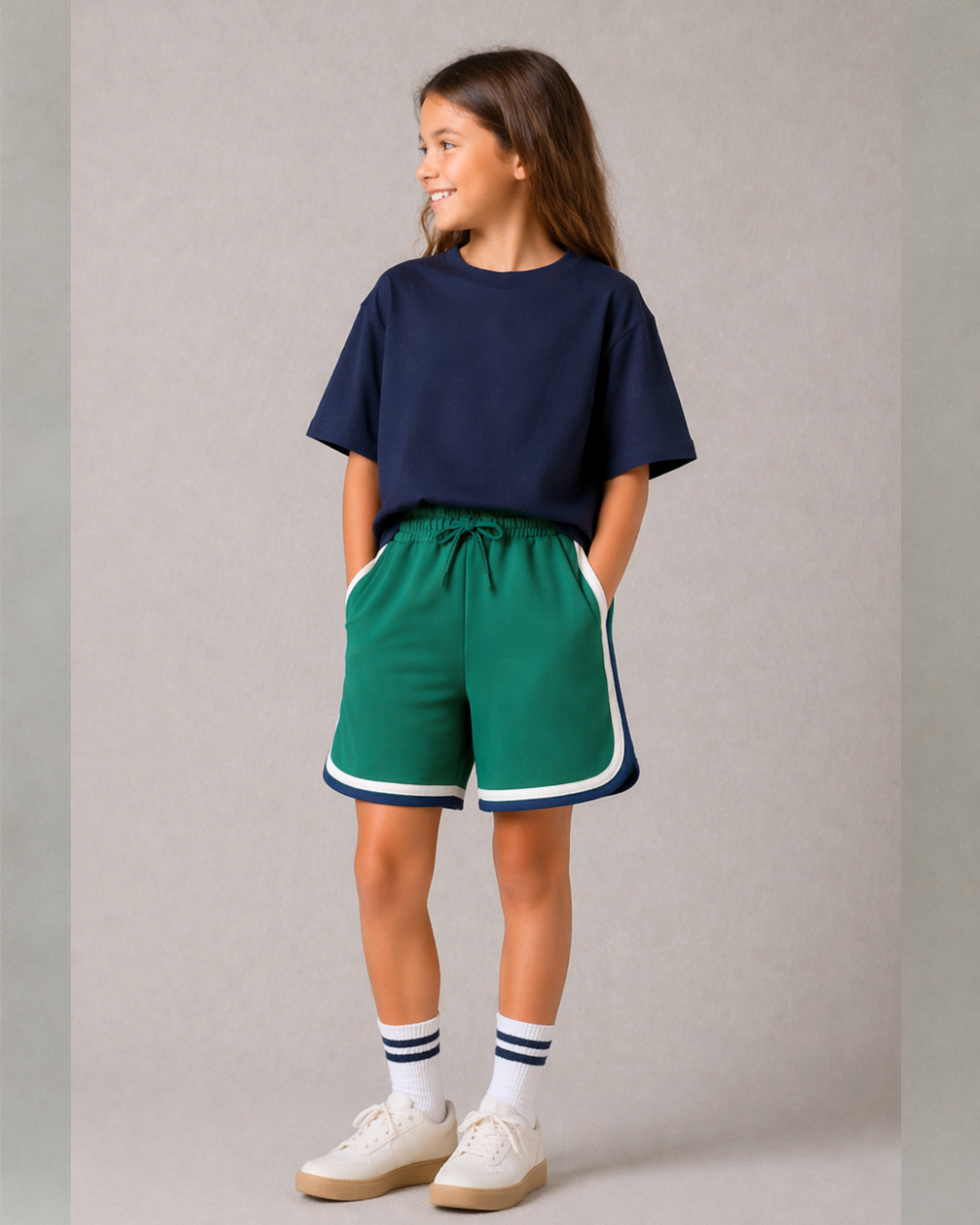 Retro Varsity Track Shorts for Kids in Green