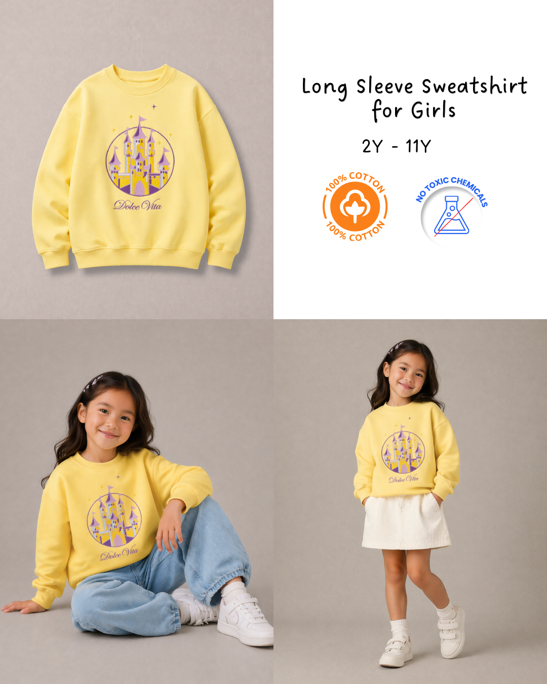 Oversized Embroidered Kids Long Sleeve Sweatshirt in Yellow
