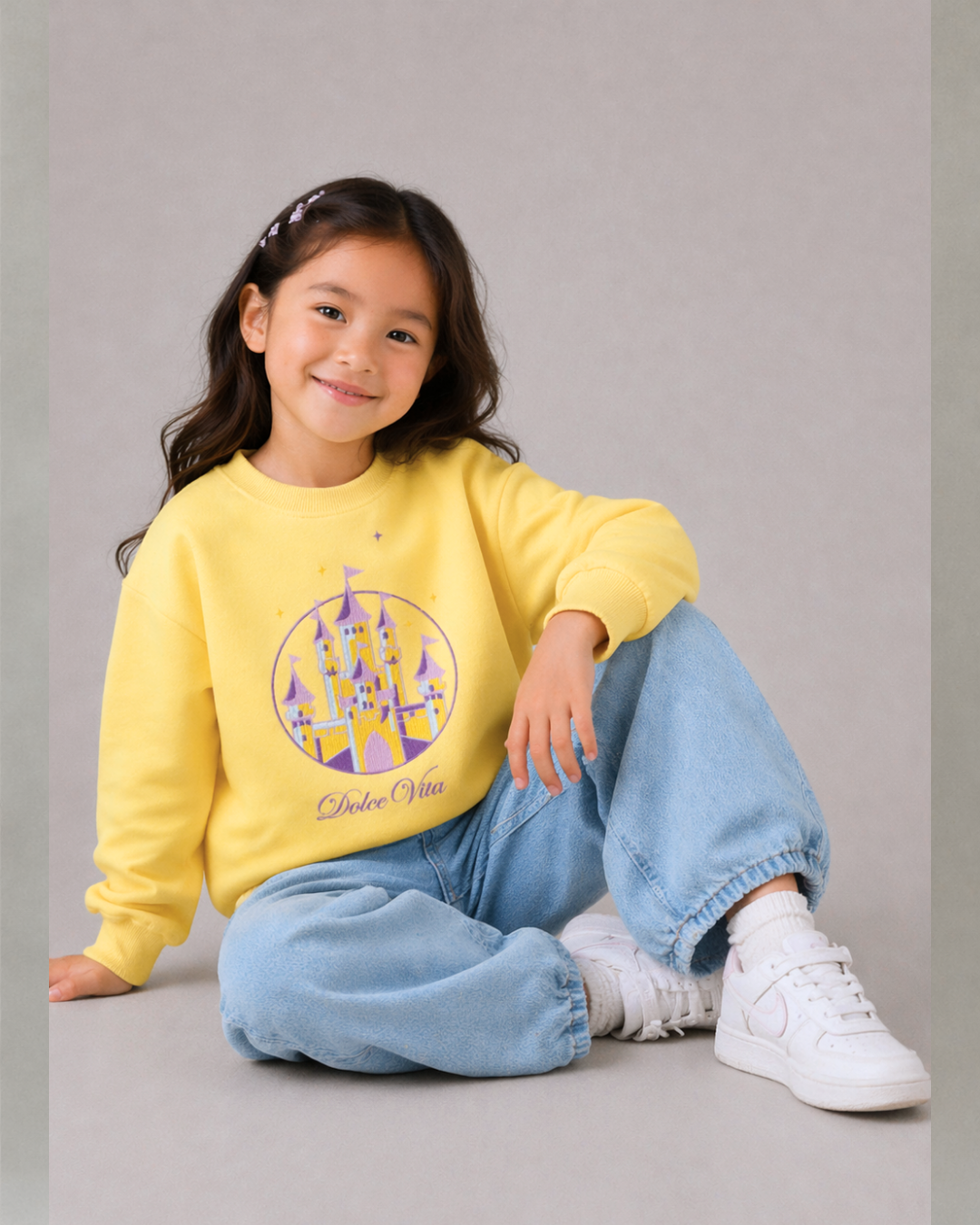 Oversized Embroidered Kids Long Sleeve Sweatshirt in Yellow