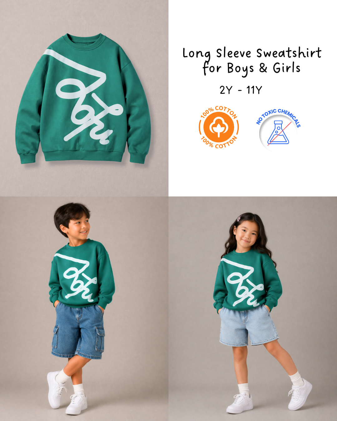 Oversized Puff Print Kids Sweatshirt in Green