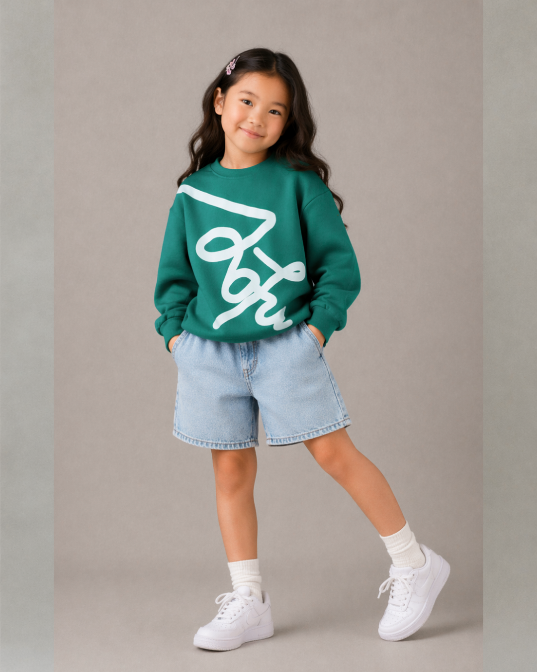 Oversized Puff Print Kids Sweatshirt in Green